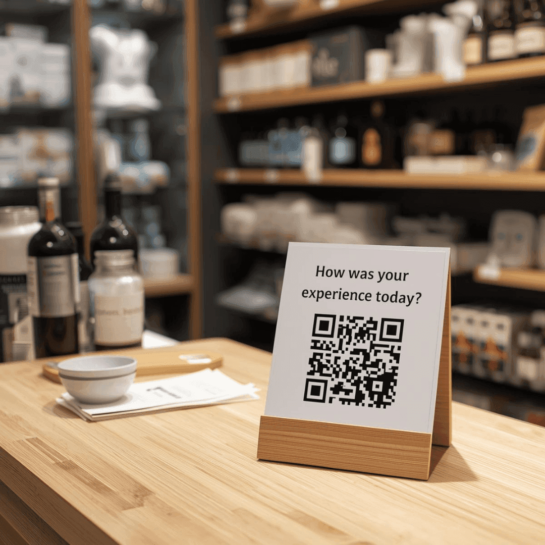 QR code survey placed on a retail store counter sign for customer feedback